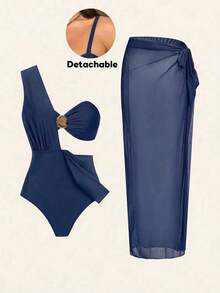 SHEIN Swim 大码三件套优雅棕色金属扣装饰连体泳衣，可单独搭配其他服饰，适合派对和度假穿着 - 藏蓝色 - 查看 6