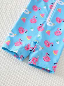 Cozy Pixies Baby Girl Cute Print Contrast Color Raglan Sleeve Zipper Front One-Piece Swimsuit, Suitable For Holiday, Beach, Swimming Pool - Multicolor - View 3
