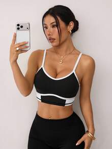 CourtClass 运动时尚文胸，网球风格黑白配色，可拆卸胸垫，工字背设计 - 黑與白 - 查看 1