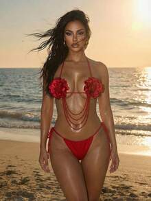 SHEIN Swim SXY Women's Sexy Floral Red Chain Halter Tie Bikini Set, Beach Swimwear, Spring/Summer - Red - View 3