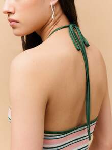 Nöista Áo tank top cổ yếm kẻ sọc, chất liệu dệt kim mềm mại, co giãn, phối viền xanh tương phản và cổ chữ V tôn dáng với dây đeo mảnh. Hoàn hảo cho mùa hè, mùa xuân, lễ hội âm nhạc, trang phục đi nghỉ mát, đồ đi biển, kỳ nghỉ của phụ nữ. - Hồng - Xem 6