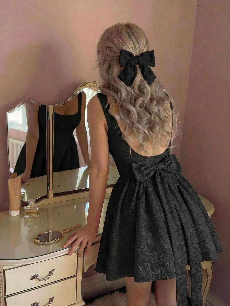 SHEIN MOD 女士复古蕾丝露背蝴蝶结迷你连衣裙 - 黑色 - 查看 1