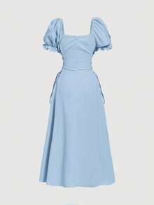 SHEIN MOD 女士纯色方领花瓣袖系腰中长连衣裙 - 淺藍色 - 查看 5