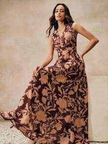 Women's Long V-Neck Floral Print Dress, Vacation Style - Multicolor - View 3