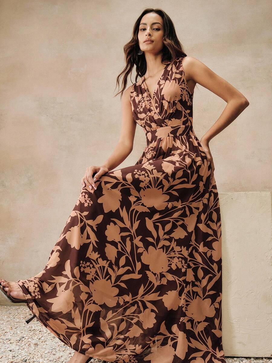 Women's Long V-Neck Floral Print Dress, Vacation Style