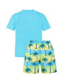 SHEIN Đồ bơi cho bé trai tuổi teen, bộ đồ bơi 2 mảnh bằng vải dệt kim in hình cây cọ màu xanh dương, kiểu dáng thường ngày, thanh lịch, phù hợp cho bơi lội, bãi biển, hồ bơi, kỳ nghỉ hè và các bữa tiệc. - Màu xanh Bạc hà - Xem 2