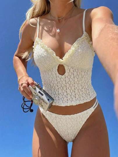 Swim Mod 米色杏色提花花卉可爱甜美复古休闲度假沙滩女式吊带比基尼上衣