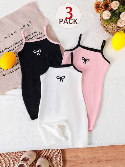 SHEIN Bộ áo liền quần và quần short dệt kim dễ thương 3 món cho bé gái, thích hợp cho mùa hè.