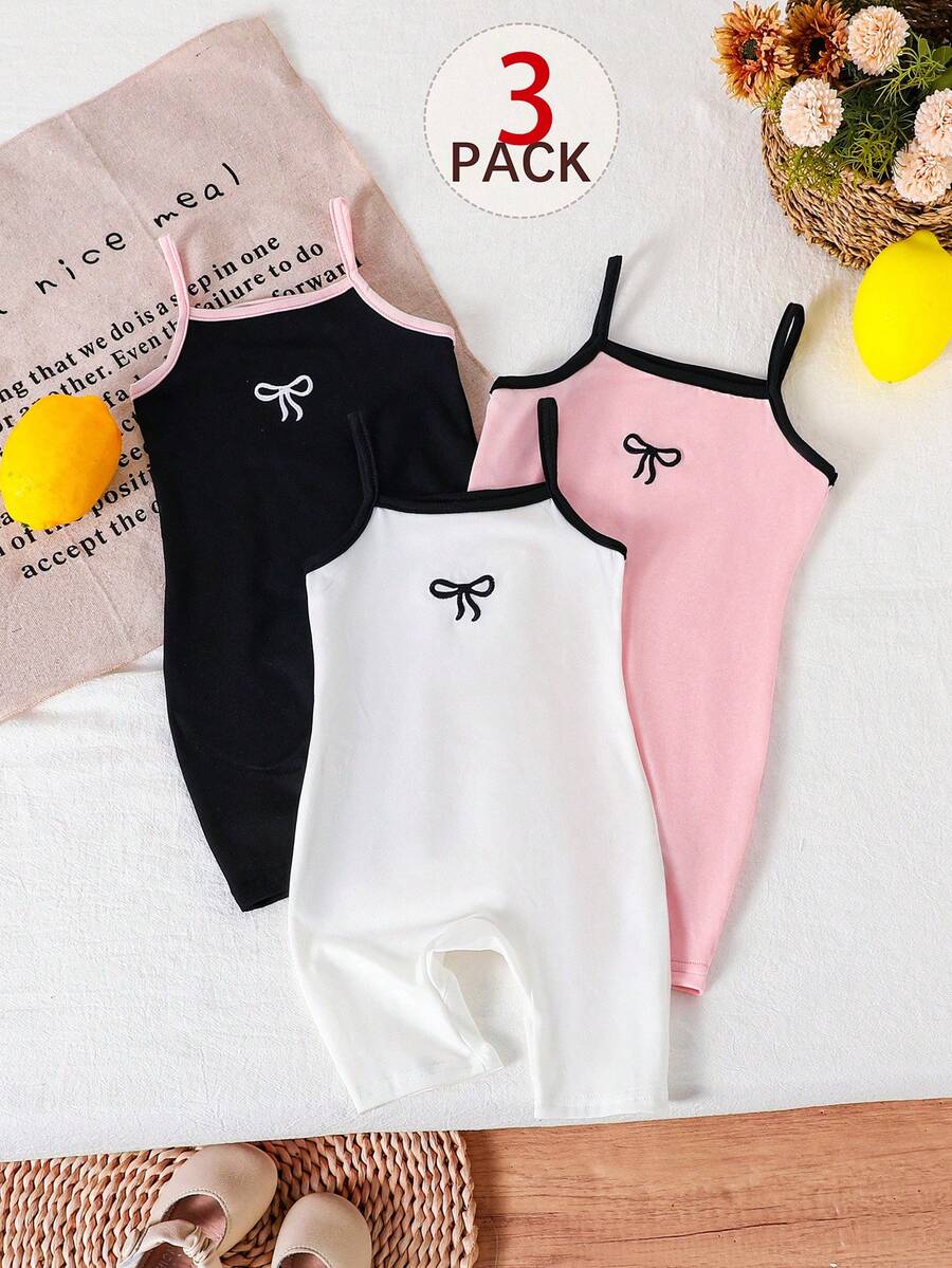 SHEIN Bộ áo liền quần và quần short dệt kim dễ thương 3 món cho bé gái, thích hợp cho mùa hè. - Nhiều màu - Xem 1