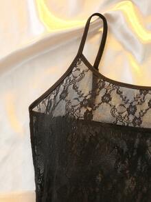 女士性感蕾丝薄纱睡裙 - 黑色 - 查看 6