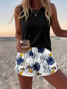Sylviya 女士休闲圆领背心短裤套装（2件套），适合夏季，热带树叶印花 - 彩色 - 查看 6