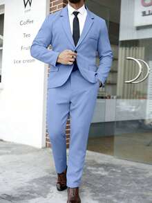 Manfinity Mode Men Plus Size Solid Color Lapel Collar Slim Fit Business Formal Suit Blazer And Pants Set, Ceremony - Blue - View 3