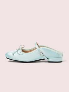 CUCCOO DOLLMOD Women's Blue Pleated Bow Tie Strap Square Toe Flat Mule Sandals, Elegant Sweet Backless Slip-On For Date, Everyday Wear Summer Shoes - Blue - View 2