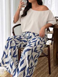 Plus Size Women's 2-Piece Set, Linen-Like Crinkle Texture, Colorful Botanical Print, Asymmetric Loose Casual Commuter Outfit, Spring/Summer - Multicolor - View 5