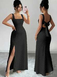 Elenzga Nuevo vestido de punto texturizado sin mangas con cuello cuadrado y diseño de lazo de mariposa en la espalda abierta, elegante vestido ajustado para fiesta - Negro - Ver 3