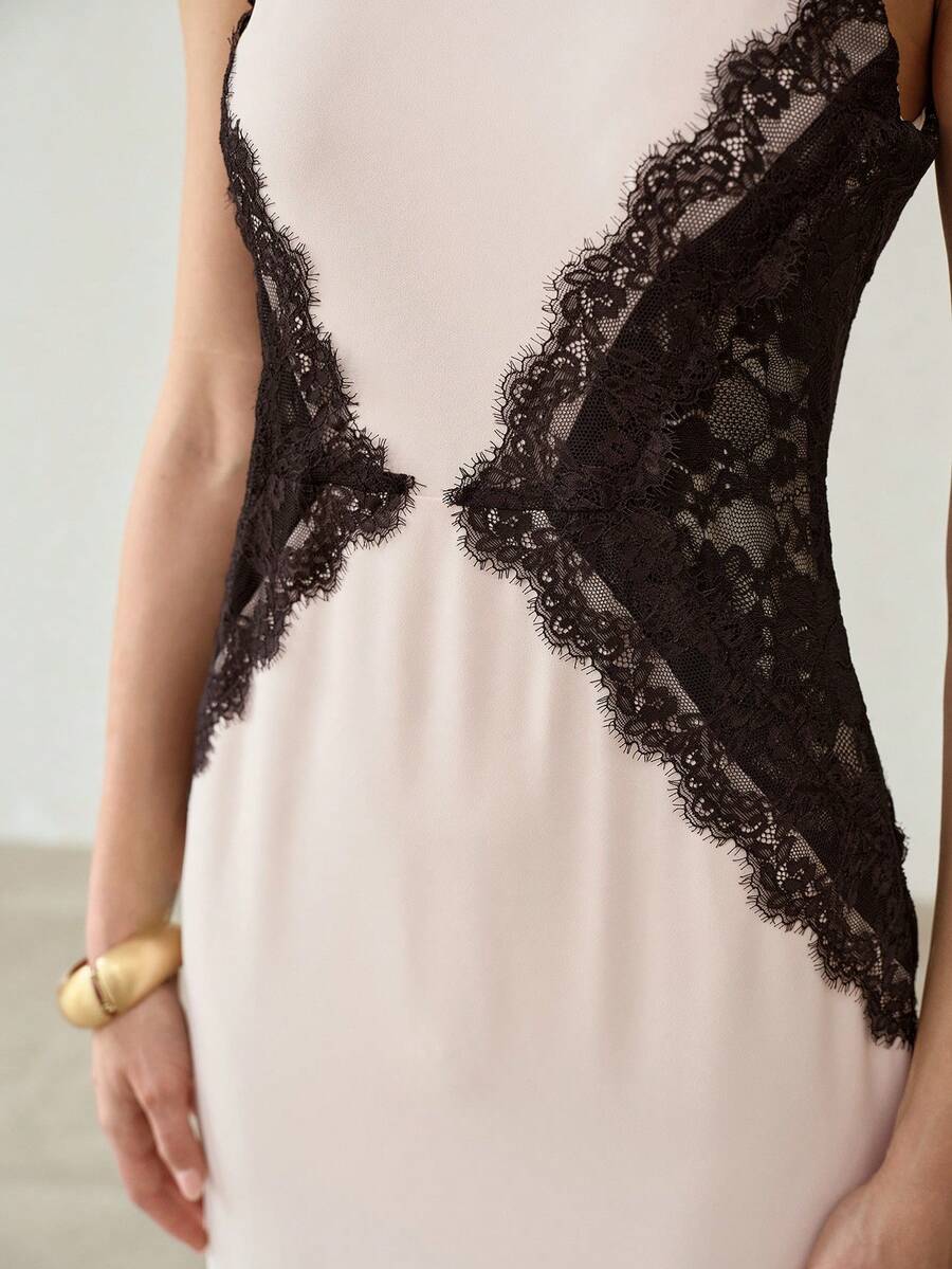 MOTF PREMIUM FITTED CONTRAST LACE COLOR BLOCK LONG DRESS, AUTUMN/WINTER - Pink - View 2