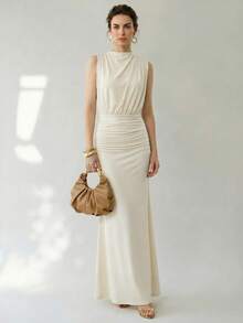 Uhlyne Elegant Extra Long Sleeveless Asymmetric Shoulder Party Dress For Women - Apricot - View 3