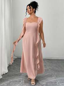 SHEIN Elenzya 大码女式早春淡粉色收腰荷叶领连衣裙 - 藕粉色 - 查看 6