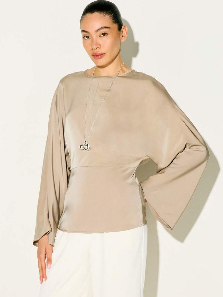 KSTM Women's Relaxed Fit Batwing Sleeve Boat Neck Blouse With Belted Waist Detail Long Sleeve Top Fall Winter Office Casual Elegant