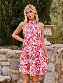 KARISMINA Đầm ngắn màu đỏ in hoa, thanh lịch, lãng mạn, thích hợp cho kỳ nghỉ hè/đi biển, dành cho nữ, thích hợp mặc đi biển hoặc đi làm, mùa xuân/hè. - Đỏ và trắng - Xem 13
