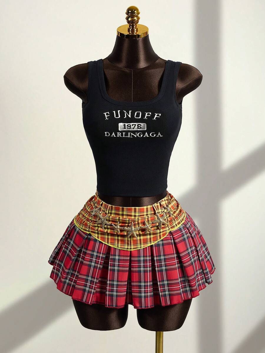 Zestiva Chân váy ngắn xếp ly kẻ caro phối màu tương phản kiểu retro dành cho nữ, cạp chun co giãn, giúp thon gọn vóc dáng. - Nhiều màu - Xem 1