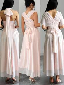 SHEIN Raffinéa 时尚派对礼服，浪漫荷叶边下摆多穿式长裙，粉色 - 淺粉色 - 查看 3