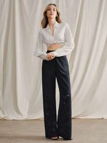 Anewsta Urban Chic Retro Hollow Embroidered High-Waist Straight-Leg Pants For Office/Commute - Navy Blue - View 5