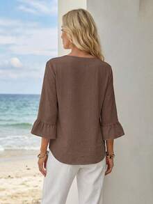 EMERY ROSE Women's Solid Color Minimalist Casual Round Neck Long Sleeve Shirt,Brown Top - Coffee Brown - View 2