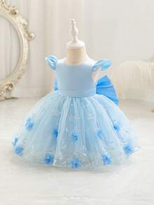SHEIN Glamorique Kids Đầm công chúa cho bé gái sơ sinh và trẻ nhỏ, đầm dự tiệc, đầm sinh nhật, đầm cưới, tay ngắn, nơ lớn phía sau, đầm lưới thêu, hoa 3D, kiểu dáng Châu Âu và Mỹ. - Màu xanh lam - Xem 9