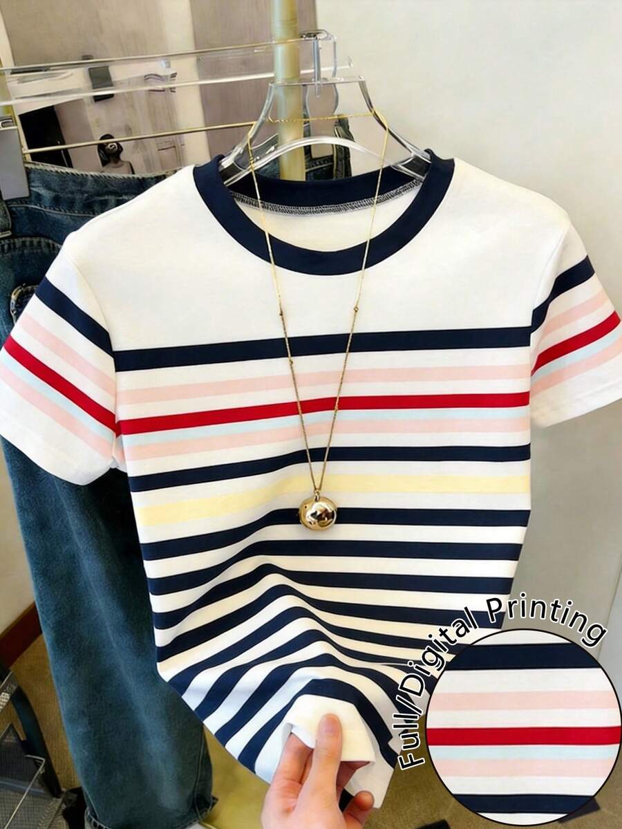 Resyla Women's Casual Striped Round Neck Short Sleeve T-Shirt, Summer - Multicolor - View 1