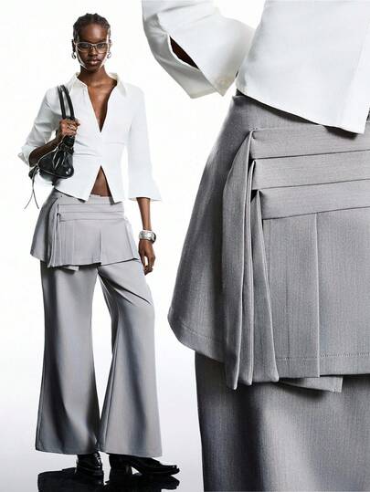 LYSMO 女士纯色拼接褶裥喇叭裤