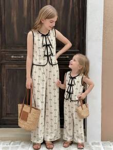SHEIN Serisse Kids 少女蝴蝶印花撞色滚边蝴蝶结装饰无袖上衣和阔腿裤两件套 - 杏色 - 查看 3