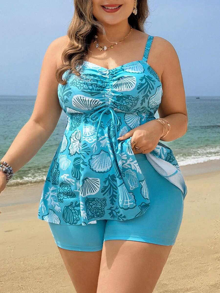 Swim Mod 2026 Summer New Fashion Slimming Shell Digital Print Tankini Swimsuit Set, Beach Outfit - Mint Blue - View 1