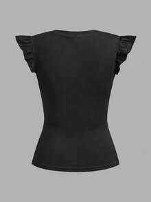 Tseoso 95% Cotton Ruffle Sleeve Short Sleeve Women's T-Shirt, Solid Black,Summer Top - Black - View 7