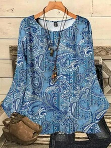 Mellowie Blusa holgada de cuello redondo de manga 3/4 con estampado integral para mujer de talla grande para otoño e invierno - Azul - Ver 1