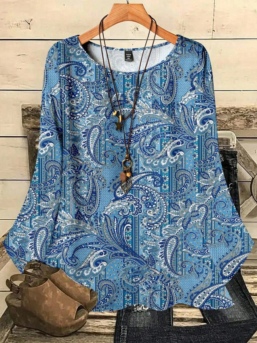 Mellowie Blusa holgada de cuello redondo de manga 3/4 con estampado integral para mujer de talla grande para otoño e invierno - Azul - Ver 1
