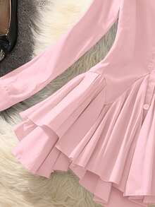 Selianne Áo khoác cardigan dài tay cổ bẻ, thanh lịch, thoải mái, quyến rũ, mang phong cách retro tối giản cao cấp, lãng mạn dành cho nữ, thích hợp cho kỳ nghỉ, đi làm, có thắt eo và viền bèo nhún, màu trơn. - Hồng - Xem 4