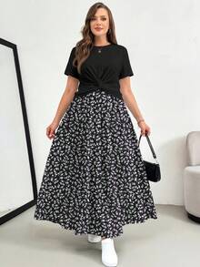 SHEIN Essnce 度假休闲浪漫印花加大码女式圆领短袖上衣和半裙两件套，适合夏季穿着 - 彩色 - 查看 7