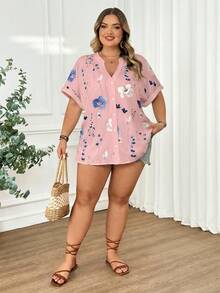 SHEIN CURVE+ Áo kiểu nữ cỡ lớn dáng rộng in hoa tay ngắn, thích hợp mặc mùa xuân/hè làm đồng phục giáo viên. - Hồng - Xem 8