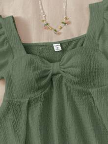 SHEIN Áo thun dệt kim jacquard tay bèo, kiểu dáng ngọt ngào, thoải mái, phù hợp cho nữ tuổi teen mùa hè, mặc nhà, dễ thương, thích hợp cho các bữa tiệc, ngày Valentine. - màu xanh lá - Xem 3
