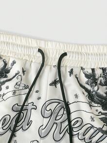 ROMWE MEN Anime Men's Gothic Print 2 In 1 Sports Shorts, Suitable For Everyday Wear In Spring And Summer - Khaki - View 2
