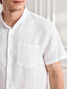 Officeau Camisa blanca de hombre, cómoda de manga corta, estilo vintage casual, ajuste slim, top de verano - Blanco - Ver 4