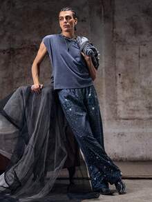 Skyrend 男式字母与火焰印花抽绳腰袋阔腿宽松运动裤，Emo，2000 年代风格 - 彩色 - 查看 3