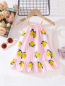SHEIN Playful Pals 女嬰夏季無袖洋裝 可愛粉色條紋檸檬印花 度假海灘休閒度假風 細肩帶設計 適合戶外玩耍與日常穿著 - 彩色 - 查看 5