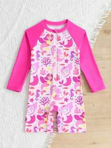 SHEIN Elladie kids 女童连体拉链美人鱼和海底世界印花长袖泳衣 - 玫紅色 - 查看 3