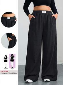 SHEIN Tall CURVE CURVE 大尺碼女款寬腿寬鬆長褲 黑色 秋季休閒 傳統高個女孩字母刺繡 高腰口袋 居家晚餐辦公 - 黑色 - 查看 2
