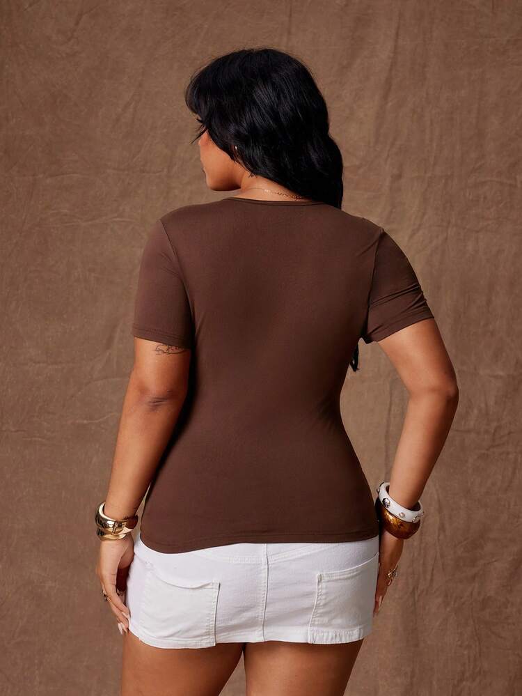 Rustia Plus Size Women V-Neck Strap Decor T-Shirt, Dark Style - Brown - View 2