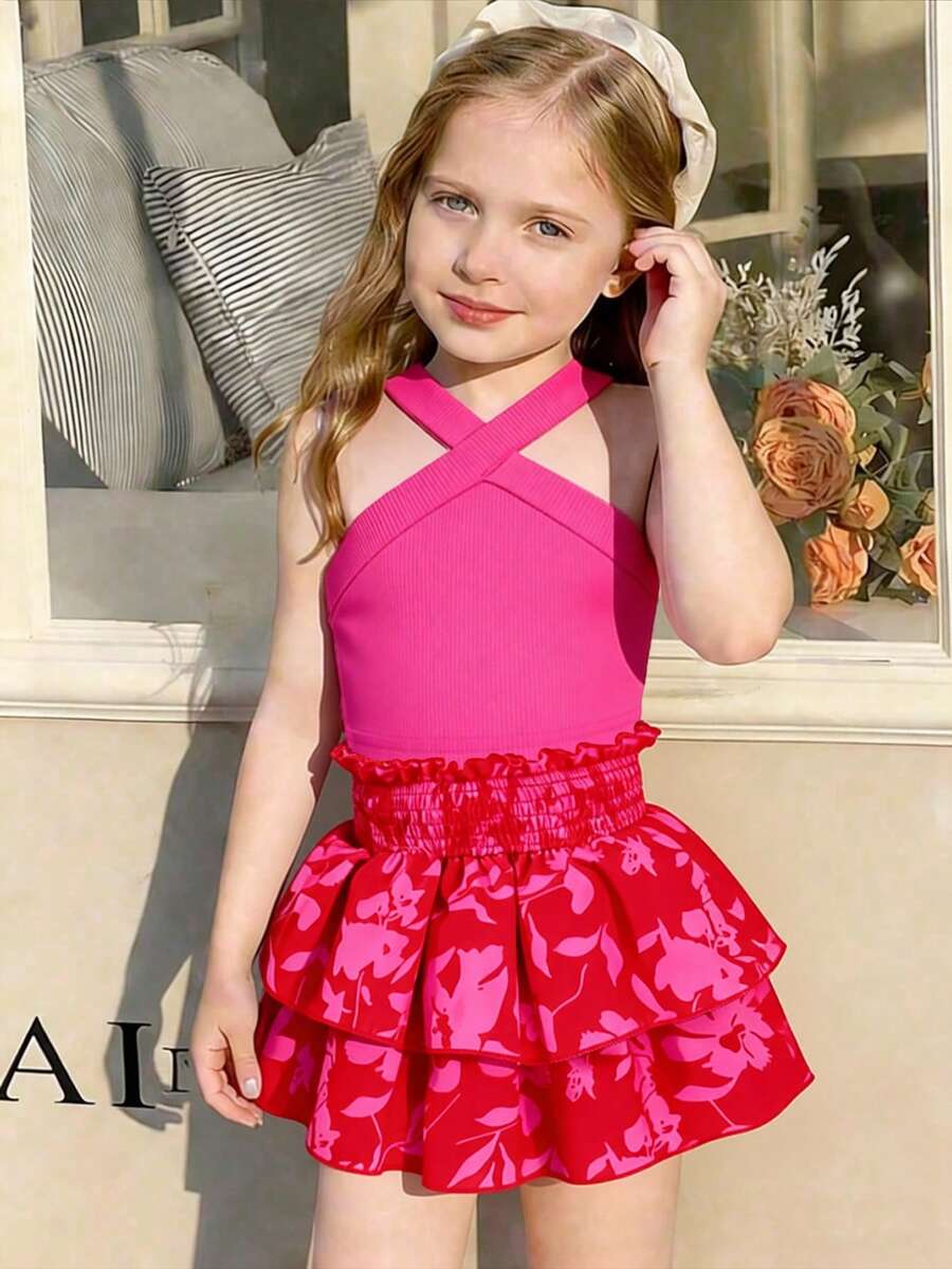 SHEIN Elladie kids 女童度假休闲露背纯色吊带背心搭配松紧腰碎花荷叶边半裙套装,夏季 - 玫紅色 - 查看 1