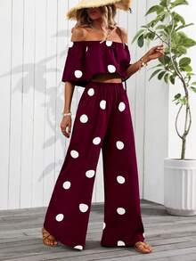 EMERY ROSE Women's Vacation Off-Shoulder Polka Dot Print Top And Wide-Leg Pants 2-Piece Set (Floral Pattern Randomly Cut) - Burgundy - View 4