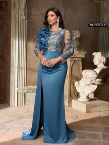 Aureia Petite Curve 大码优雅船领奢华串珠刺绣拼接塔夫绸3D荷叶边装饰长袖高开衩薄纱罩衫连衣裙，适合派对、庆典、婚礼、正式晚宴（精致设计） - 藍色 - 查看 6